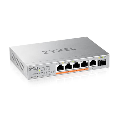 Zyxel 5-Port 2.5G Multi-Gig Unmanaged Switch | 4 x PoE++ (60W) 70W | 1 x 10G SFP+ | Tisch- oder Wandmontage [XMG-105HP] von ZYXEL