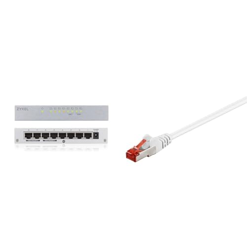 Zyxel 8-port Desktop Gigabit Ethernet Switch | Metallgehäuse, [GS108B] & Goobay 92760 CAT 6 Kabel Lan Netzwerkkabel für Gigabit Ethernet S-FTP doppelt geschirmtes Patchkabel mit RJ45 Stecker, 3m, Weiß von ZYXEL