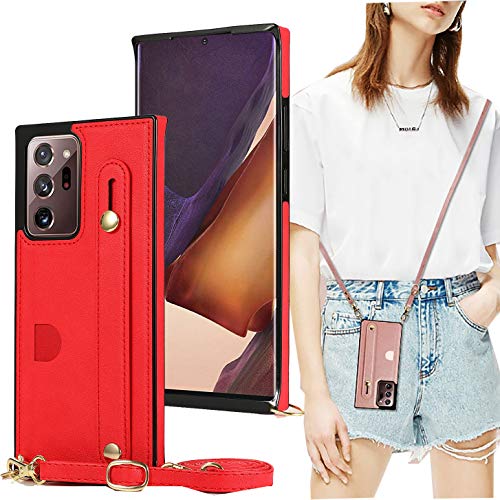 Schutzhülle für Samsung Galaxy Note 20 Ultra, abnehmbarer, verstellbarer Lederriemen, Crossbody-Kartenhalter, Umhängeband, Schultergurt, mit Ständer, für Samsung Galaxy Note 20 Ultra KB, Rot von ZYZX