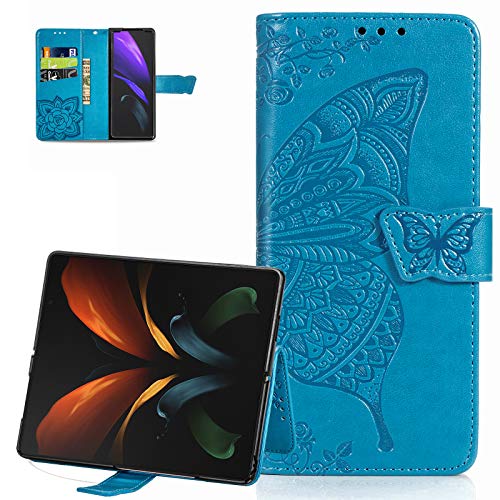 Schutzhülle für Samsung Galaxy Z Fold 2 5G, Schmetterlings-Prägung, PU-Leder, Kreditkartenfach und Ständer, stoßfest, magnetisch, für Samsung Galaxy Z Fold 2, Blau von ZYZX