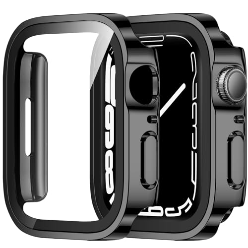 ZZDZZ 2 Stück Hülle Kompatibel mit Apple Watch Series 9 Series 8 Series 7 41mm Schutzhülle mit Glas Displayschutz, Ultradünne Hart PC Schutz Case für iWatch 41mm (Schwarz/Schwarz) von ZZDZZ