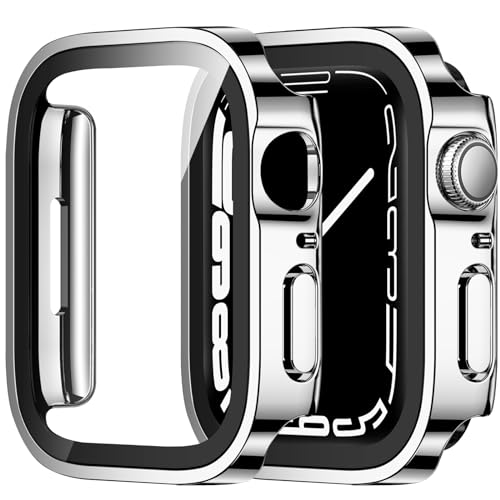 ZZDZZ 2 Stück Hülle Kompatibel mit Apple Watch Series 9 Series 8 Series 7 41mm Schutzhülle mit Glas Displayschutz, Ultradünne Hart PC Schutz Case für iWatch 41mm (Silber/Silber) von ZZDZZ