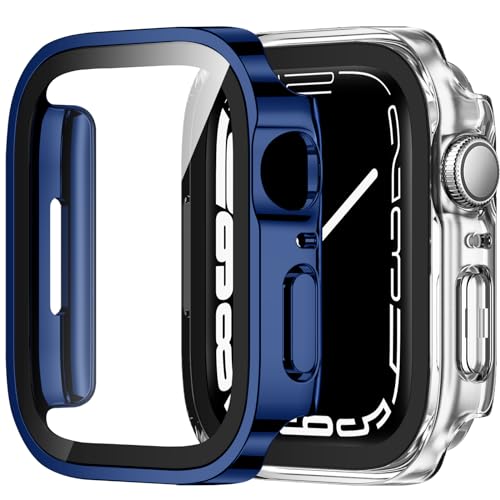 ZZDZZ 2 Stück Hülle Kompatibel mit Apple Watch Series 9 Series 8 Series 7 45mm Schutzhülle mit Glas Displayschutz, Ultradünne Hart PC Schutz Case für iWatch 45mm (Blau/Transparente) von ZZDZZ