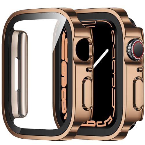 ZZDZZ 2 Stück Hülle Kompatibel mit Apple Watch Series 9 Series 8 Series 7 45mm Schutzhülle mit Glas Displayschutz, Ultradünne Hart PC Schutz Case für iWatch 45mm (Roségold/Roségold) von ZZDZZ