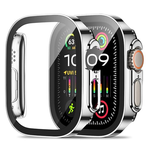 ZZDZZ 2 Stück Hülle Kompatibel mit Apple Watch Ultra 2/Ultra 49mm Schutzhülle mit Glas Displayschutz, Ultradünne Hart PC Schutz Case für iWatch 49mm (Silber/Silber) von ZZDZZ