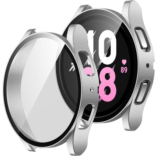 ZZDZZ 2 Stück Hülle Kompatibel mit Samsung Galaxy Watch 5/Galaxy Watch 4 40mm Schutzhülle mit Displayschutz, Hart PC Ultradünne Stoßfeste Gehäuse für Galaxy Watch 5/4 40mm (Silber/Transparente) von ZZDZZ