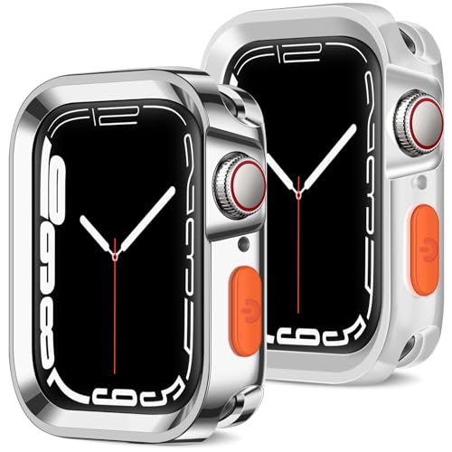 ZZDZZ 2 Stück Rugged Hülle Kompatibel mit Apple Watch Schutzhülle Serie 9/8/7 45mm Serie 6/5/4/SE 44mm, Plattiert Weich TPU Gehäuse Kompatibel mit iWatch (Silber/Transparent) von ZZDZZ