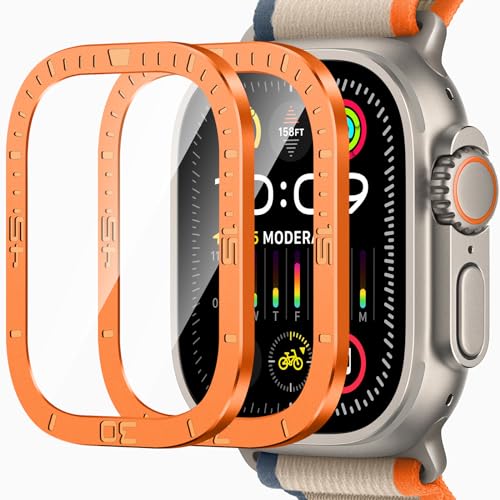 ZZDZZ 2 Stück Schutzfolie Kompatibel mit Apple Watch Ultra 2/Ultra 49mm, Volle Abdeckung Titanlegierungsrahmen Kratzfest Displayschutz für iWatch Ultra (Numerisch Orange) von ZZDZZ
