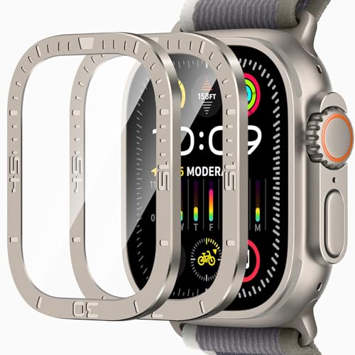 ZZDZZ 2 Stück Schutzfolie Kompatibel mit Apple Watch Ultra 2/Ultra 49mm, Volle Abdeckung Titanlegierungsrahmen Kratzfest Displayschutz für iWatch Ultra (Numerisch Titanstahl) von ZZDZZ