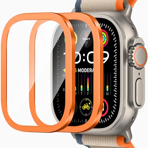 ZZDZZ 2 Stück Schutzfolie Kompatibel mit Apple Watch Ultra 2/Ultra 49mm, Volle Abdeckung Titanlegierungsrahmen Kratzfest Displayschutz für iWatch Ultra (Orange) von ZZDZZ