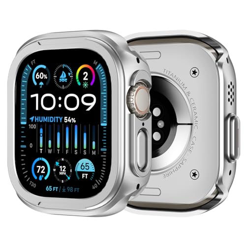 ZZDZZ 2 in 1 Upgrade Metall Hülle Kompatibel mit Apple Watch Ultra 2/Ultra mit Rücken, Robuste Stoßstange Schützend Gehäuse für iWatch 49mm, Silber von ZZDZZ