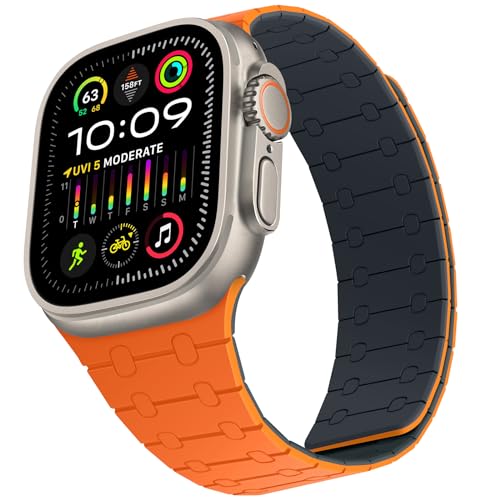 ZZDZZ Kompatibel mit Apple Watch Armband 49mm 45mm 44mm 42mm 41mm 40mm 38mm, Silikon Magnetische Ersatzarmband für iWatch Ultra 2/Ultra Series 9 8 7 SE 6 5 4 3 2 1 (42/44/45/49, Orange Mitternacht) von ZZDZZ