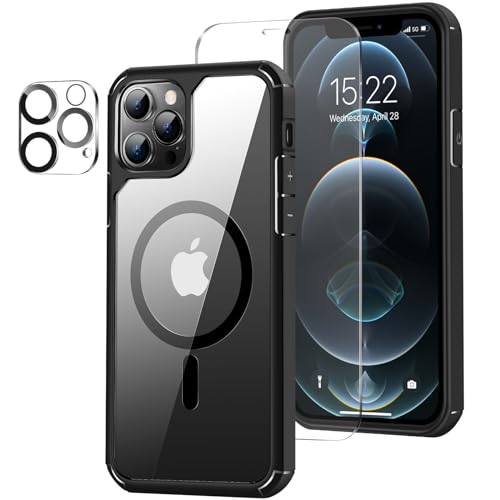 ZZDZZ Magnetisch Hülle Kompatibel mit iPhone 12 Hülle/iPhone 12 Pro Hülle [Kompatibel mit Magsafe], mit Schutzfolie und Kameraschutz Stoßfest Handyhülle für iPhone 12/iPhone 12 Pro (Schwarz) von ZZDZZ