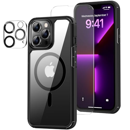 ZZDZZ Magnetisch Hülle Kompatibel mit iPhone 13 Pro Max Hülle [Kompatibel mit Magsafe], mit Schutzfolie und Kameraschutz Stoßfest Handyhülle für iPhone 13 Pro Max (Schwarz) von ZZDZZ