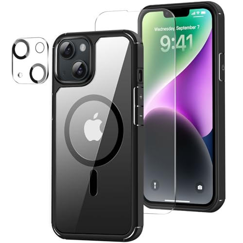 ZZDZZ Magnetisch Hülle Kompatibel mit iPhone 14 Hülle [Kompatibel mit Magsafe], mit Schutzfolie und Kameraschutz Stoßfest Handyhülle für iPhone 14 (Schwarz) von ZZDZZ