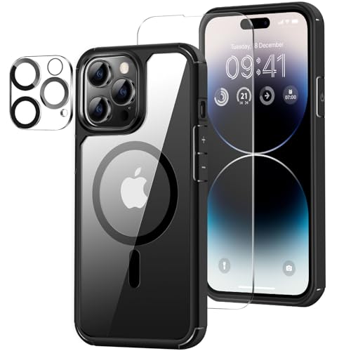 ZZDZZ Magnetisch Hülle Kompatibel mit iPhone 14 Pro Hülle [Kompatibel mit Magsafe], mit Schutzfolie und Kameraschutz Stoßfest Handyhülle für iPhone 14 Pro (Schwarz) von ZZDZZ