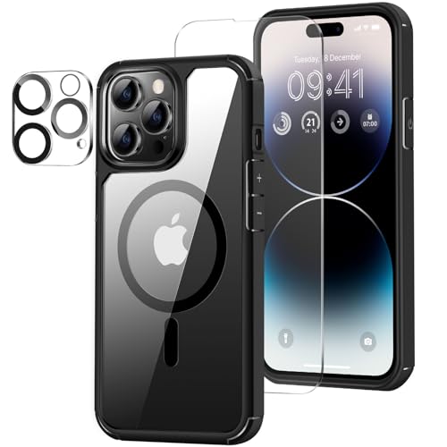 ZZDZZ Magnetisch Hülle Kompatibel mit iPhone 14 Pro Max Hülle [Kompatibel mit Magsafe], mit Schutzfolie und Kameraschutz Stoßfest Handyhülle für iPhone 14 Pro Max (Schwarz) von ZZDZZ