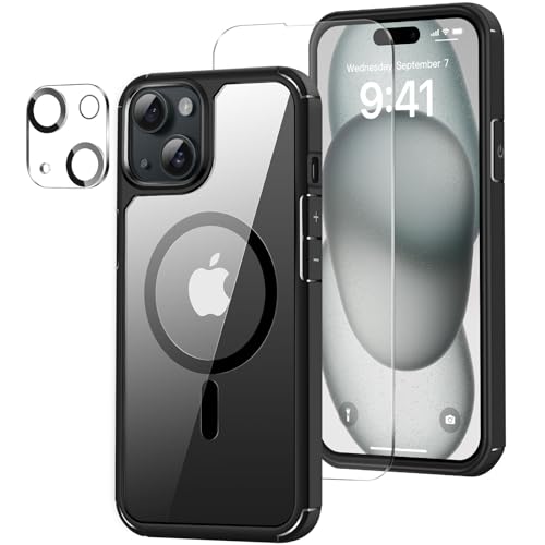 ZZDZZ Magnetisch Hülle Kompatibel mit iPhone 15 Hülle [Kompatibel mit Magsafe], mit Schutzfolie und Kameraschutz Stoßfest Handyhülle für iPhone 15 (Schwarz) von ZZDZZ