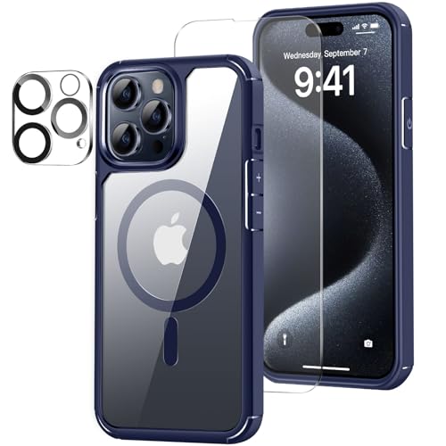 ZZDZZ Magnetisch Hülle Kompatibel mit iPhone 15 Pro Hülle [Kompatibel mit Magsafe], mit Schutzfolie und Kameraschutz Stoßfest Handyhülle für iPhone 15 Pro (Blau) von ZZDZZ