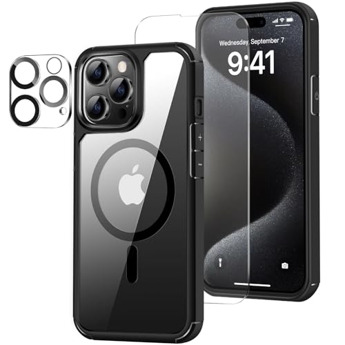 ZZDZZ Magnetisch Hülle Kompatibel mit iPhone 15 Pro Hülle [Kompatibel mit Magsafe], mit Schutzfolie und Kameraschutz Stoßfest Handyhülle für iPhone 15 Pro (Schwarz) von ZZDZZ
