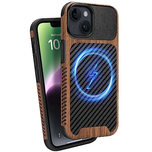 ZZDZZ Magnetisch Hülle für iPhone 13 Mini Hülle [Kompatibel mit MagSafe] Holz und Carbon Leder Design Handyhülle Stoßfest Schutzhülle (Schwarz) von ZZDZZ