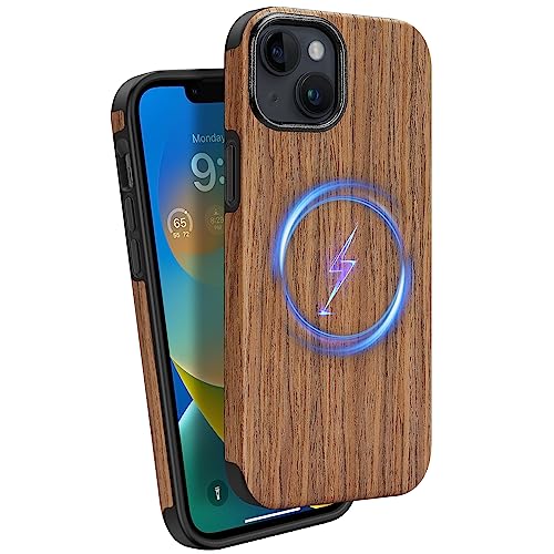 ZZDZZ Magnetisch Hülle für iPhone 14 Plus Hülle [Kompatibel mit MagSafe] Holz Design Handyhülle Stoßfest Schutzhülle (Rot Sandelholz) von ZZDZZ