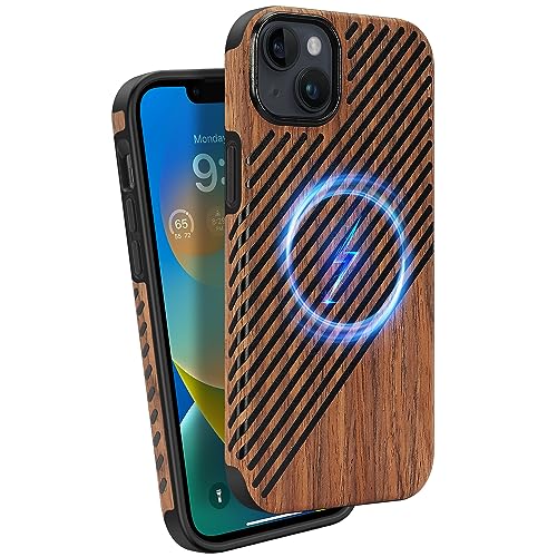 ZZDZZ Magnetisch Hülle für iPhone 14 Plus Hülle [Kompatibel mit MagSafe] Holz und Leder Design Handyhülle Stoßfest Schutzhülle von ZZDZZ