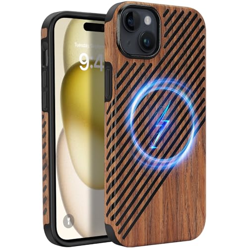 ZZDZZ Magnetisch Hülle für iPhone 15 Hülle [Kompatibel mit MagSafe] Holz und Leder Design Handyhülle Stoßfest Schutzhülle von ZZDZZ