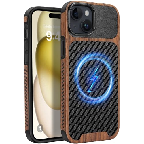 ZZDZZ Magnetisch Hülle für iPhone 15 Plus Hülle [Kompatibel mit MagSafe] Holz und Carbon Leder Design Handyhülle Stoßfest Schutzhülle (Schwarz) von ZZDZZ