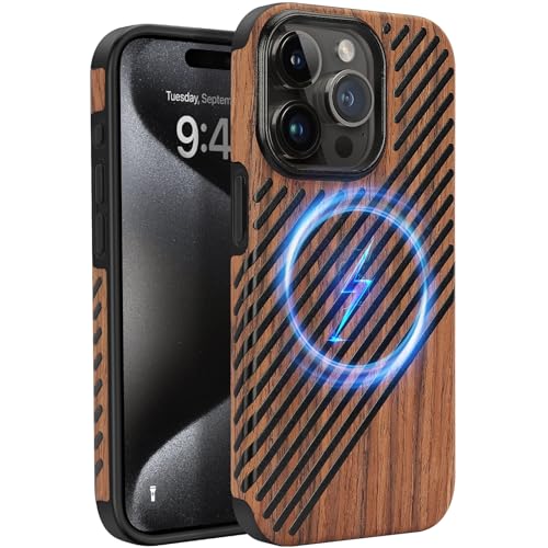 ZZDZZ Magnetisch Hülle für iPhone 15 Pro Hülle [Kompatibel mit MagSafe] Holz und Leder Design Handyhülle Stoßfest Schutzhülle von ZZDZZ
