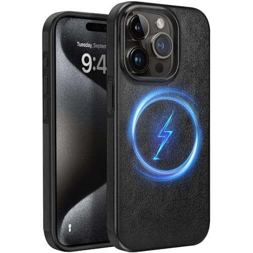 ZZDZZ Magnetisch Hülle für iPhone 15 Pro Max Hülle [Kompatibel mit MagSafe] Leder Design Handyhülle Stoßfest Schutzhülle (Schwarz) von ZZDZZ