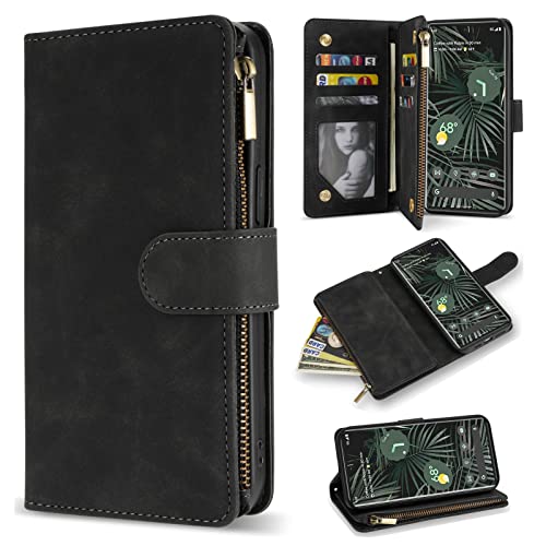 ZZXX Google Pixel 7 Hülle Wallet mit RFID-blockierendem Kartenschlitz, Premium-weiches PU-Leder, Reißverschluss, Ständer, Schutzhülle für Google Pixel 7 Wallet Case (16.3 cm schwarz) von ZZXX