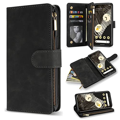 ZZXX Schutzhülle für Google Pixel 7 Pro mit RFID-blockierendem Kartenschlitz, weiches PU-Leder, Reißverschluss, Ständer, Schutzhülle für Google Pixel 7 Pro Wallet Case (6.7 Zoll) Schwarz von ZZXX