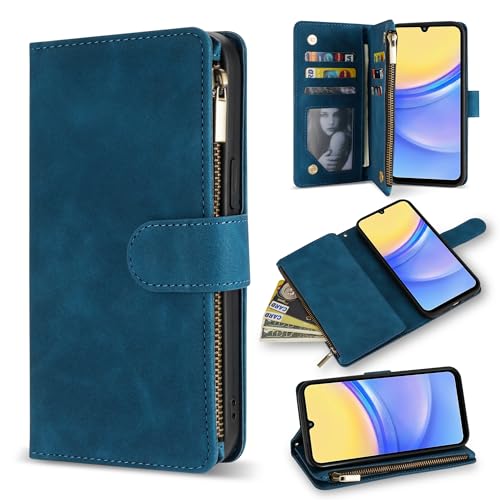 ZZXX Schutzhülle für Samsung Galaxy A15 5G, Brieftaschen-Schutzhülle mit RFID-blockierendem Kartenschlitz, PU-Leder, Reißverschluss, Klapphülle mit Riemen, Ständer, Schutzhülle für Samsung Galaxy A15 von ZZXX