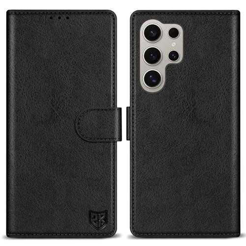 ZZXX Schutzhülle für Samsung Galaxy S24 Ultra mit RFID-Blockierung, Kartenschlitz, Ständer, Magnetverschluss, Leder-Klapphülle (Schwarz, 17,3 cm) von ZZXX