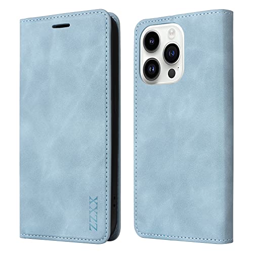 ZZXX iPhone 14 Pro Hülle Brieftasche mit [RFID-Blockierung] Kartenschlitz, Bilderrahmen, Ständer, magnetisch, weiches Leder, klappbar, für iPhone 14 Pro Wallet Case (Hellblau - 15,5 cm) von ZZXX