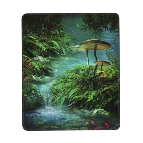 Blick auf Fantasy Fluss mit Teich und Fischen Pilz in Dschungelb?umen Druck Mauspad rutschfest Computer Mauspad Quadratisch Mauspad Gaming Mauspad f?r Laptop B?ro 17,8 x 21,8 cm von ZaKhs