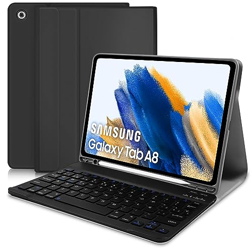 Tastatur Hülle Kompatibel mit Samsung Galaxy Tab A8 10.5 2021 SM-X200 SM-X205 SM-X207, Tastatur Magnetische Kabelloser Bluetooth Abnehmbare Spanisch Tastatur PU Schutzhülle, Schwarz von Zabatoco