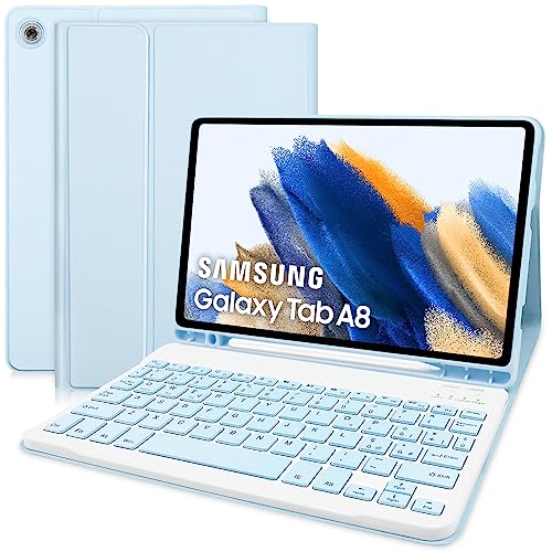 Tastatur mit Schutzhülle für Samsung Galaxy Tab A8 10,5 2021 (SM-X200/X205), italienisches Layout Schutzhülle für Tab A8 Slim Cover mit abnehmbarem magnetischen Wireless Bluetooth Tastatur, Himmelblau von Zabatoco