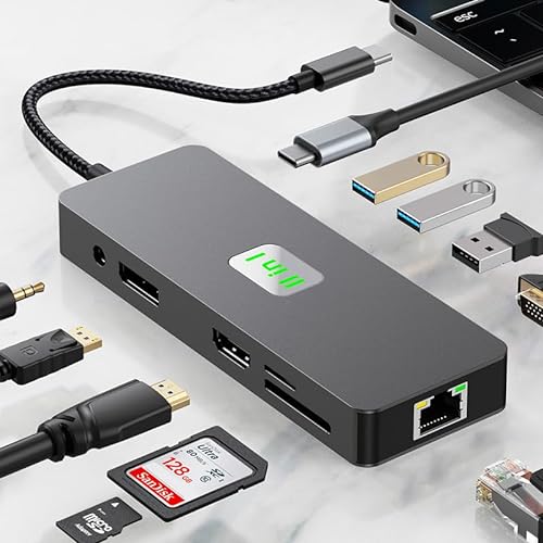 Zacoora 11in1 USB C Hub Dual 4K 60Hz Typ C Hub [1 * 4K 60Hz HDMI, DP*1, 3,5mm*1, VGA*1, 1000Mps Ethernet, 100W PD Schnellladung, 3*USB A 3.2, SD- und TF-Kartenleser ] (2309-11 in 1) von Zacoora