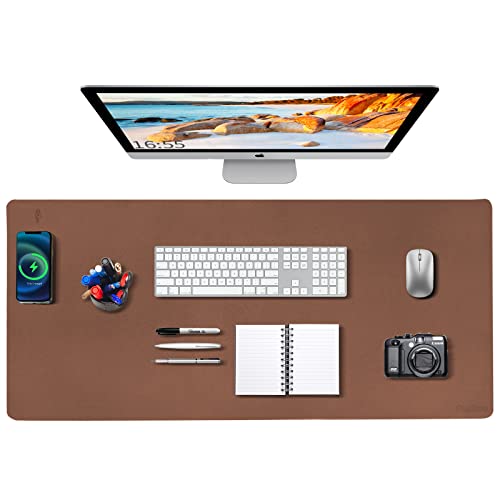 Zakia Schreibtischunterlage, kabelloses Laden, groß, 81,3 x 40,6 cm, Reise-Schreibtischunterlage mit kabellosem Ladegerät, wasserdichte Leder-Computermatte mit Handy-Ladegerät, Mauspad rutschfest für von Zakia
