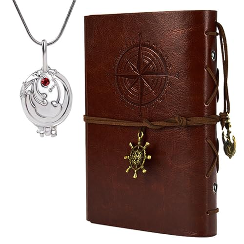 Zaky 2 Stück The Vampire Cosplay Kostümschmuck Zubehör Elena Tagebuch Eisenkraut Medaillon Anhänger Halskette Leder Schreiben Journal Notizbuch Retro Braun von Zaky