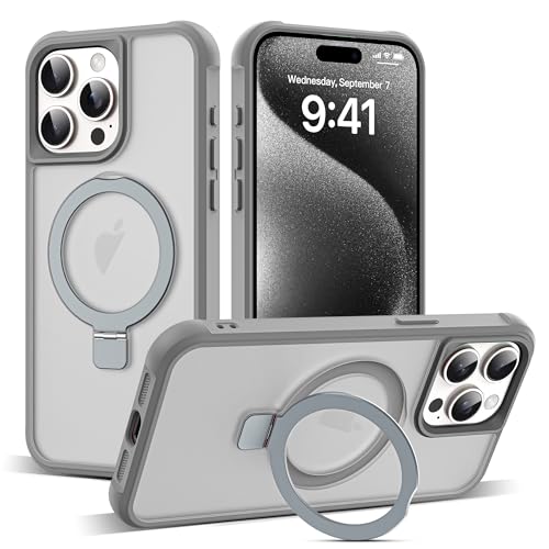 Zalinbo für iPhone 15 Pro Max Hülle [O-Ring Stand & Unsichtbarer Ständer] Magnetkraft Handyhülle iPhone 15 Pro Max Case All-in-One Matt Stoßfest [Militärschutz] Schutzhülle Dünn, Grau von Zalinbo