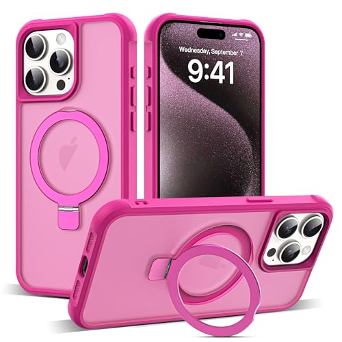 Zalinbo für iPhone 15 Pro Max Hülle [O-Ring Stand & Unsichtbarer Ständer] Magnetkraft Handyhülle iPhone 15 Pro Max Case All-in-One Matt Stoßfest [Militärschutz] Schutzhülle Dünn, Leuchtend Rosa von Zalinbo