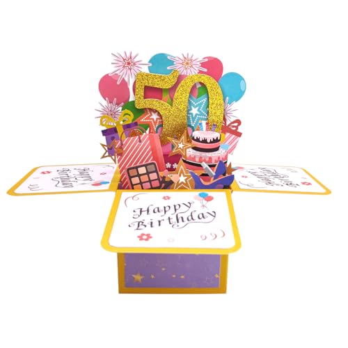 Bunte 50. Geburtstag Pop-up-Karte für sie, Happy 50-Jahre alte Geburtstag 3D-Karte mit Umschlag und Notiz, einzigartige 50. Geburtstag Geschenk-Idee für Frauen von Zalingo