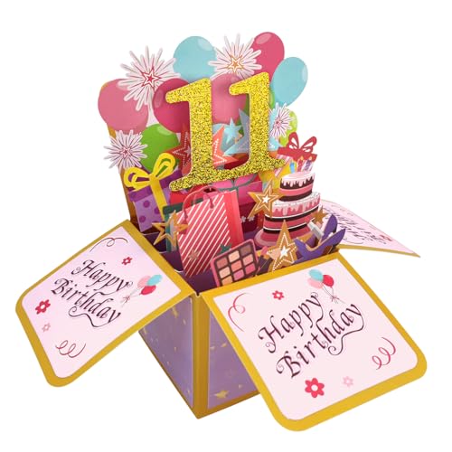 Happy 11th Birthday Pop Up Karte für Mädchen, 11 Jahre alte Geburtstags Geschenk Idee für Tochter Nichte, lustige 11. Geburtstag 3D Grußkarte für sie von Zalingo