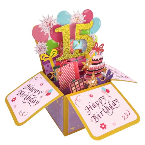 Happy 15th Birthday Pop Up Karte für Mädchen, 15 Jahre alte Geburtstags Geschenk Idee für Tochter Nichte, lustige 15. Geburtstag 3D Grußkarte für sie von Zalingo