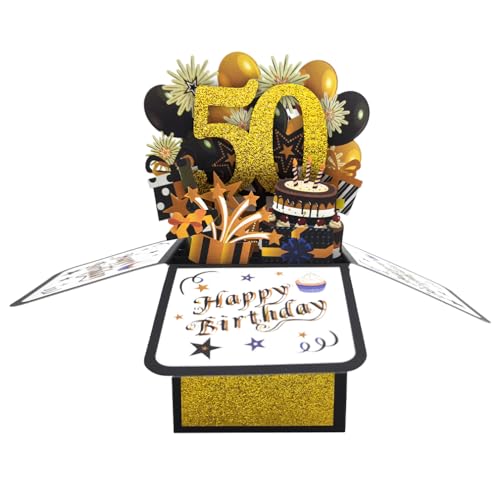 Zalingo 50. Geburtstags Karte für Ihn, Happy 50 Year Old Birthday 3D Card mit Umschlag und Notiz, einzigartig 50. Geburtstags Geschenk Idee für Mann, Schwarz und Golden von Zalingo