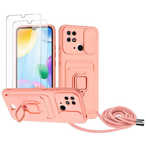 Zallagre Handykette Hülle kompatibel mit Redmi 10C.[2 Stück] Schutzfolie Glas,Kameraschutz,360 Grad Ringhalter Stand,Kartenfach,Silikon hülle-Rosa von Zallagre