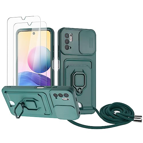 Zallagre Handykette Hülle kompatibel mit Redmi Note 10 5G/Xiaomi Poco M3 Pro 5G.[2 Stück] Schutzfolie Glas,Kameraschutz,360 Grad Ringhalter Stand,Kartenfach,Silikon hülle-Dunkelgrün von Zallagre
